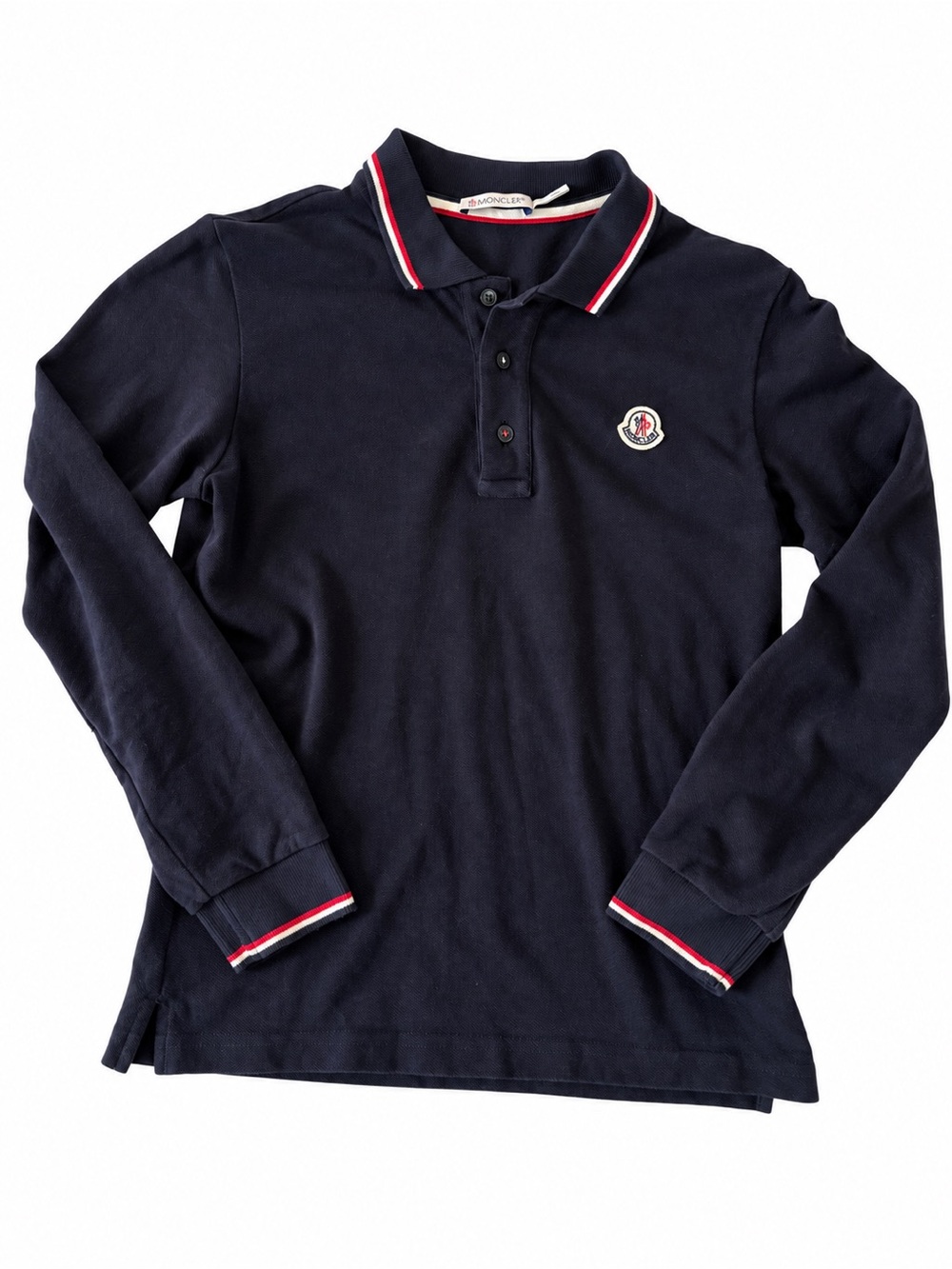Moncler Kids Navy Long Sleeve Polo Shirt Size 10 140cm Logo Tricolor Trim